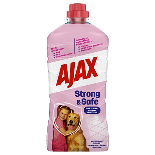 Uniwersalny płyn do mycia powierzchni Ajax Strong & Safe w różowej butelce z grafiką dziewczynki i psa.
