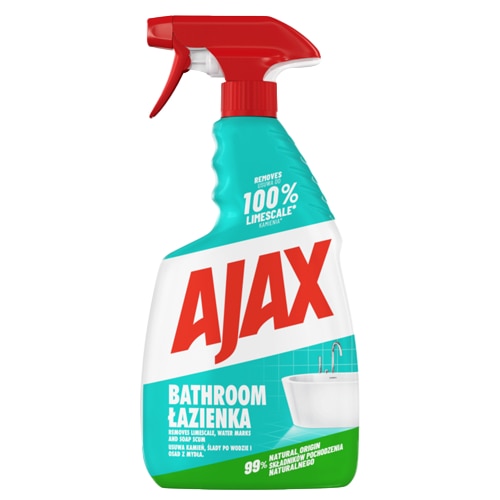 Płyn do czyszczenia łazienki w sprayu Ajax Łazienka w turkusowo-białej butelce z czerwonym atomizerem.