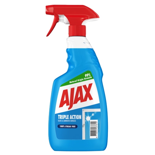 Płyn do szyb i powierzchni laminowanych w sprayu Ajax Triple Action w niebieskiej butelce z czerwonym atomizerem.