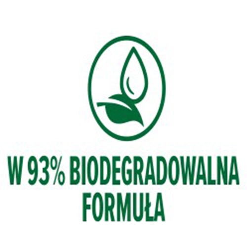 Zielona ikonka kropli wody z liściem w owalu oraz zielony napis 'W 93% BIODEGRADOWALNA FORMUŁA' na białym tle.