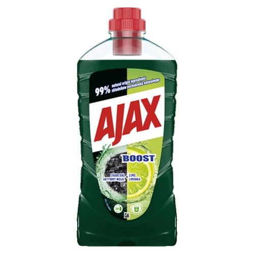 Przezroczysta butelka z zielonym płynem do czyszczenia Ajax Boost z czerwoną nakrętką i etykietą przedstawiającą aktywny węgiel oraz limonkę.