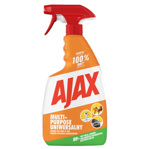 750-ml butelka sprayu uniwersalnego środka czyszczącego marki Ajax na białym tle. Butelka ma czerwoną główkę sprayu. Etykieta jest pomarańczowo-biała z logo Ajax czerwonymi, dużymi literami. Tekst na etykiecie brzmi "MULTI-PURPOSE" i "UNIWERSALNY", "Usuwa do 100% brudu*" i "Przeciw wszelkim zabrudzeniom". Poniżej napisane jest "99% SKŁADNIKÓW POCHODZENIA NATURALNEGO". Po prawej stronie znajdują się trzy małe ikony pokazujące zastosowania: kran, drewniany stół i płyta grzewcza.